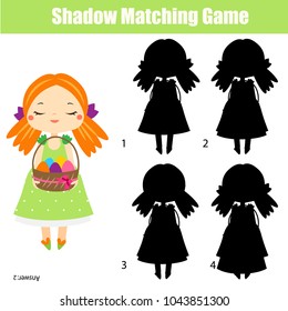 Shadow matching game for children. Shadow matching game. Easter theme activity for kids and toddlers. Find the right shadow for cute girl holding Easter eggs