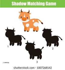 Shadow matching game for children. Find the right shadow for cow. Activity for preschool kids and todders. Farm Animals theme