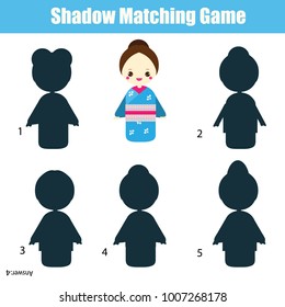 Shadow matching game for children. Find the right shadow. Activity for preschool kids with cute japanese girl in kimono