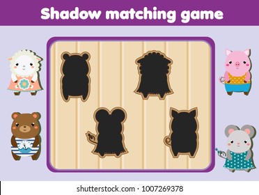 Shadow matching game for children. Find the right shadow. Kids activity with cute animals