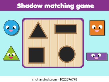 Shadow matching game for children. Find the right shadow. Kids activity with geometric shapes