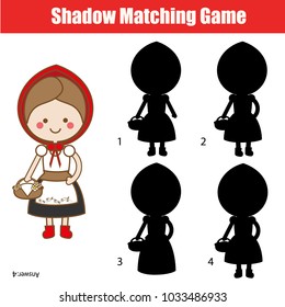 Shadow matching game for children. Find the right shadow for Red Riding Hood. Activity for preschool kids and todders. Fairy tales theme