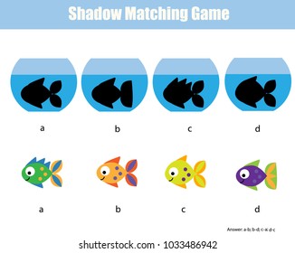 Shadow matching game for children. Find the right shadow. Kids activity with fishes