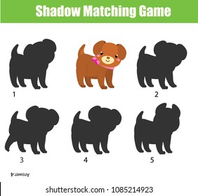 Shadow matching game for children. Find the right shadow for puppy dog. Activity for preschool kids and toddlers