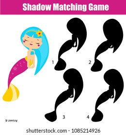 Shadow matching game for children. Find the right shadow. Kids activity with cute mermaid
