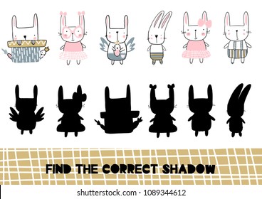 Shadow matching game for children. Find the correct shadow kids activity for preschool and school age. Vector