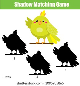Shadow matching game for children. Find the right shadow for cartoon parrot. Activity for preschool kids and toddlers