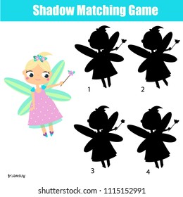 Shadow matching game for children. Find the right shadow. Activity for preschool kids with beautiful fairy character
