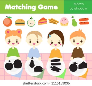 Shadow matching game for children. Find the right shadow. Kids activity with food. Put meal into plates