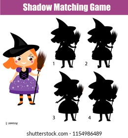Shadow matching game for children. Find the right shadow for girl in witch costume. Halloween theme activity for kids