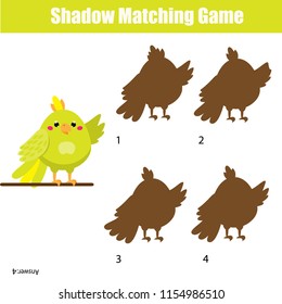 Shadow matching game for children. Find the right shadow for cartoon parrot. Animals theme activity for preschool kids and toddlers