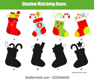 Shadow Matching Game For Children. Find The Right Shadow For Christmas Stockings. New Year Theme Activity For Kids