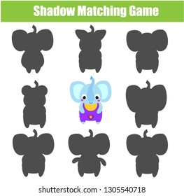Shadow matching game for children. Find the right shadow for cartoon elephant Animals theme activity for preschool kids and toddlers