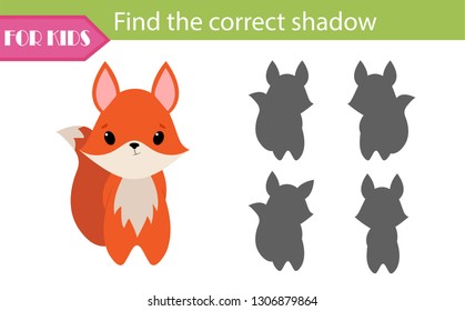 Shadow matching game for children. Find the right shadow for cartoon fox. Animals theme activity for preschool kids and toddlers