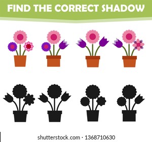 Shadow matching game for children. Find the right shadow for cartoon flowers. Theme activity for preschool kids and toddlers