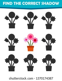 Shadow matching game for children. Find the right shadow for cartoon flowers. Theme activity for preschool kids and toddlers