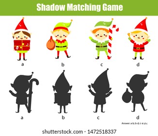 Shadow matching game for children. Find the right shadow for Christmas Santa elf. New year theme activity for kids