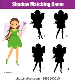 Sombra juego a juego para niños. Encuentra la sombra adecuada para el hada de dibujos animados. actividad divertida para niños