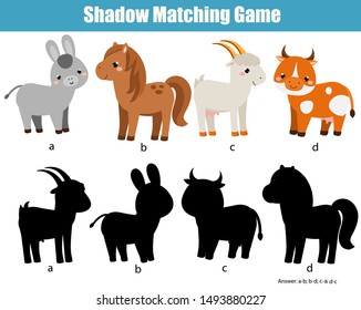Shadow matching game for children. Find the right shadow for farm animals. Donkey, horse, goat, cow. fun activity for kids