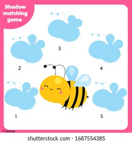 Shadow matching game for children. Find the right shadow for cute bee