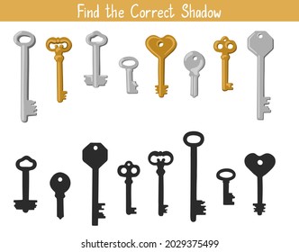 Shadow Matching Game for Children. Find the correct shadow educational task for kids. Find the right shadow for keys