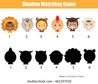 Shadow matching game for children. Find the correct shadow kids activity for preschool and school age