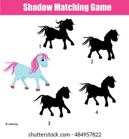 Shadow matching game for children. Find the right, correct shadow for cute pony task for kids preschool and school age. Printable worksheet, animals theme