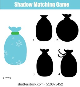 Shadow matching game for children. Find the right, correct shadow for kids preschool and school age. Printable worksheet, Christmas theme