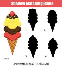 Shadow matching game for children. Find the right, correct shadow for kids preschool and school age. Printable worksheet with ice cream cone