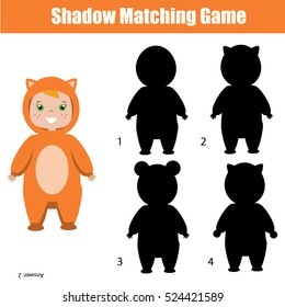 Shadow matching game for children. Find the right, correct shadow for kids preschool and school age. Printable worksheet, Christmas theme
