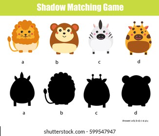 Shadow matching game for children. Find the right, correct shadow task for kids preschool and school age. Animals theme