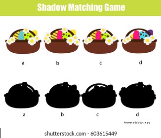 Shadow matching game for children. Find the right, correct shadow task for kids preschool and school age. Easter theme