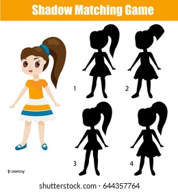 Shadow matching game for children. Find the right, correct shadow task for kids preschool and school age. Cute girl character