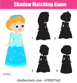 Shadow matching game for children. Find the right shadow. Activity for preschool kids. Beautiful princess character