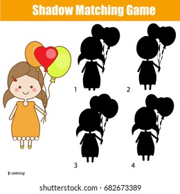 Shadow matching game for children. Find the correct shadow. for kids preschool and school age. Cute girl character