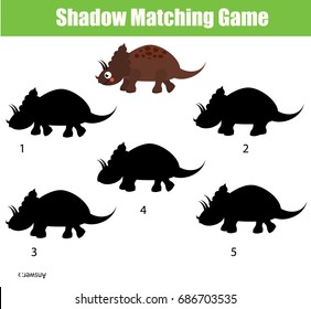 Shadow matching game for children. Find the right, correct shadow task for kids preschool and school age. dinosaur character