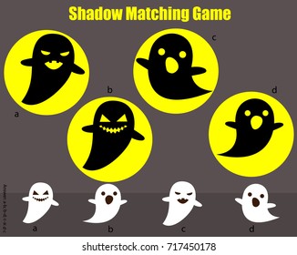 Shadow matching game for children. Find the right shadow. Activity for preschool kids with spooky ghosts. Halloween theme
