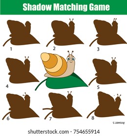 Shadow matching game for children. Find the right shadow. Activity for preschool kids with snail. Animals theme