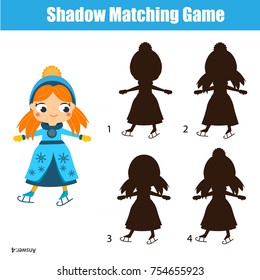 Shadow matching game for children. Find the right shadow. Activity for preschool kids with ice skating girl