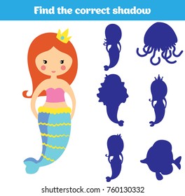 Shadow matching game for children. Find the right shadow. Activity for preschool kids. Theme mermaid sea, ocean, fish. Vector illustration