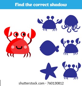 Shadow matching game for children. Find the right shadow. Activity for preschool kids. Theme mermaid sea, ocean, fish. Vector 