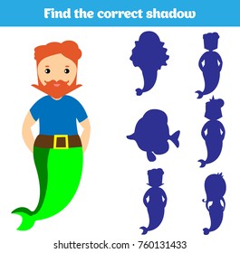 Shadow matching game for children. Find the right shadow. Activity for preschool kids. Theme mermaid sea, ocean, fish. Vector 