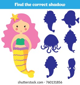 Shadow matching game for children. Find the right shadow. Activity for preschool kids. Theme mermaid sea, ocean, fish. Vector illustration