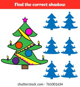 Shadow matching game for children. Find the right shadow. Activity for preschool kids. Theme merry christmas. Vector illustration