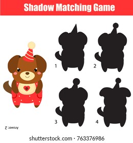 Shadow matching game for children. Find the right shadow. Kids activity with cute party dog. 2018 new Year theme
