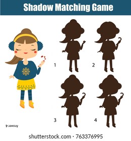 Shadow matching game for children. Find the right shadow. Kids activity with girl holding candy canes. Christmas, new Year theme