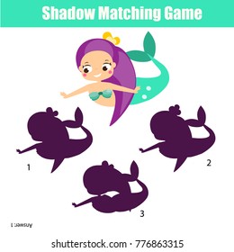 Shadow matching game for children. Find the right shadow. Activity for preschool kids with cute mermaid