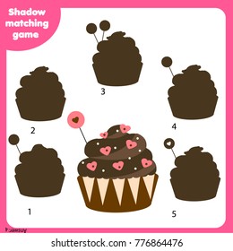 Shadow matching game for children. Find the right shadow. Activity for preschool kids with Valentine's day cupcake