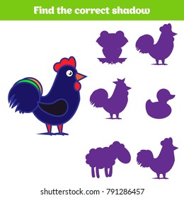 Shadow matching game for children. Find the right shadow. Activity for preschool kids. Animal pictures for kids.