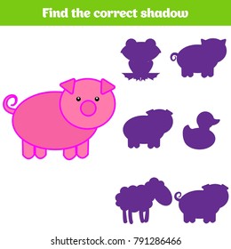 Shadow matching game for children. Find the right shadow. Activity for preschool kids. Animal pictures for kids.